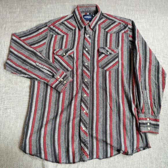 Wrangler Other - VINTAGE Wrangler Flannel Shirt Size XLT Red Black Striped Long Sleeve Pearl Snap